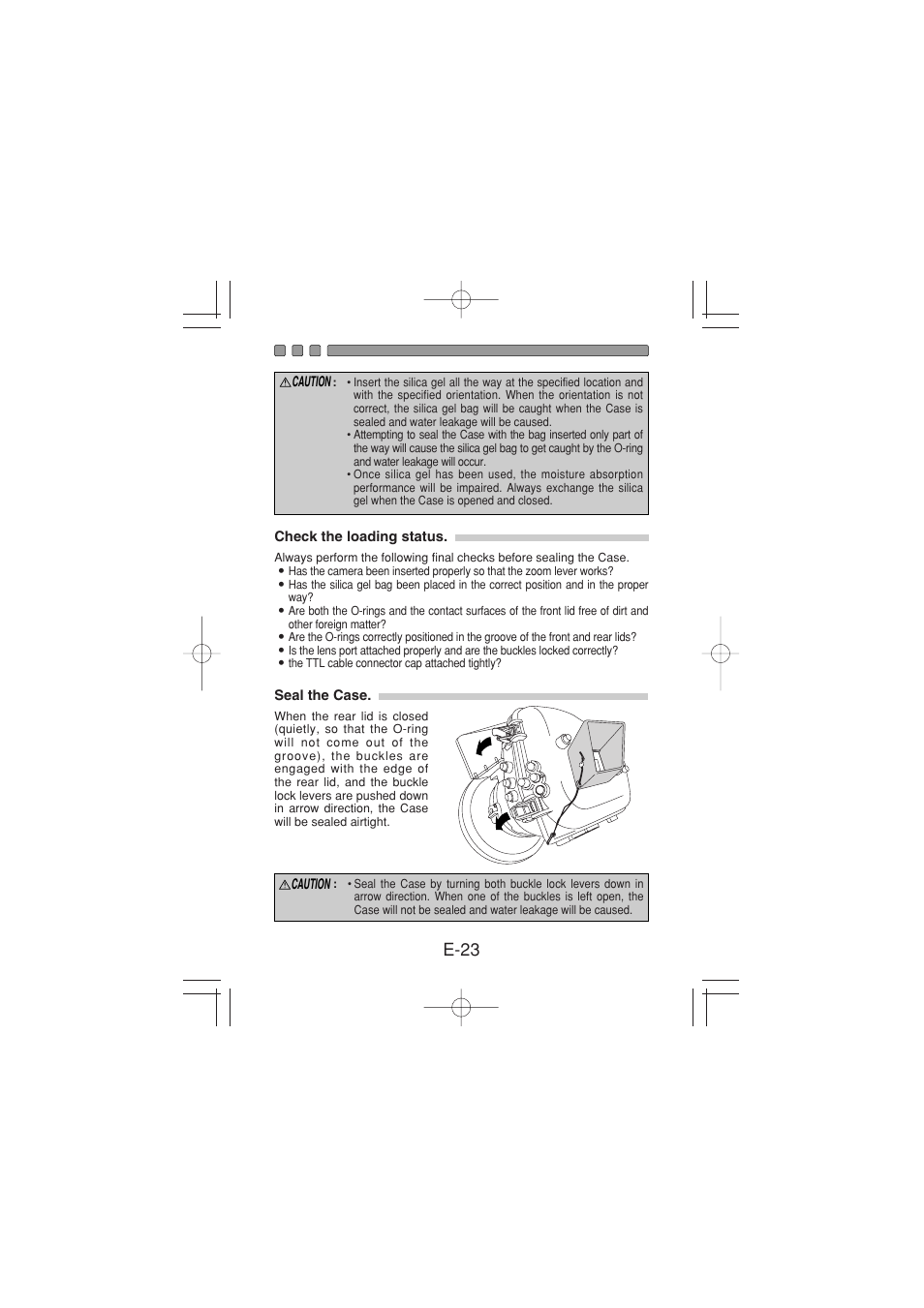 Check the loading status, Seal the case, E-23 | Olympus PT 023 User Manual | Page 24 / 42