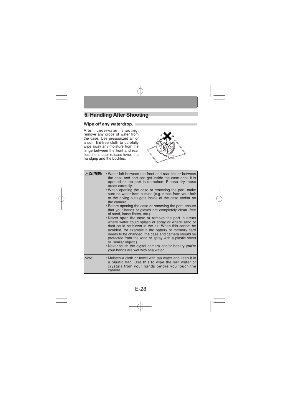 Handling after shooting, Wipe off any waterdrop, E-28 5. handling after shooting | Olympus PT 023 User Manual | Page 29 / 42