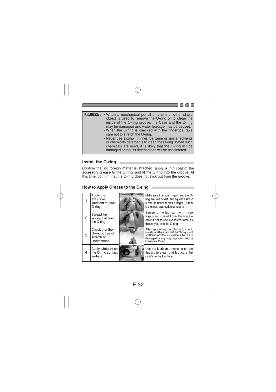 Install the o-ring, How to apply grease to the o-ring, E-32 | Olympus PT 023 User Manual | Page 33 / 42