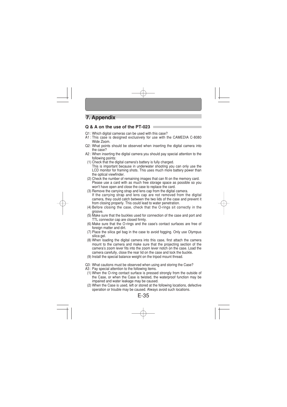 Appendix, Q & a on the use of the pt-023, E-35 7. appendix | Olympus PT 023 User Manual | Page 36 / 42