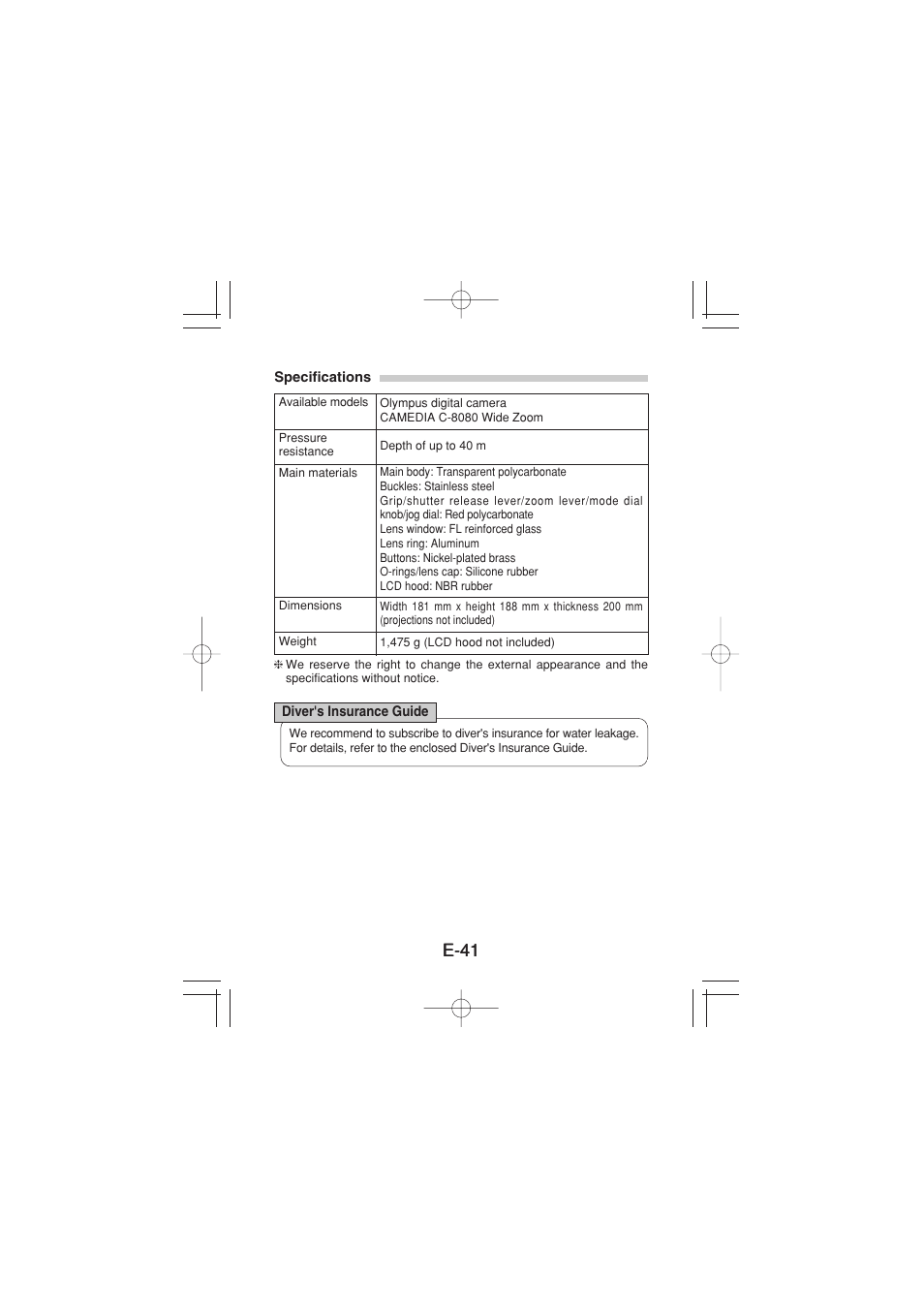 Specifications, Diver's insurance guide, E-41 | Olympus PT 023 User Manual | Page 42 / 42