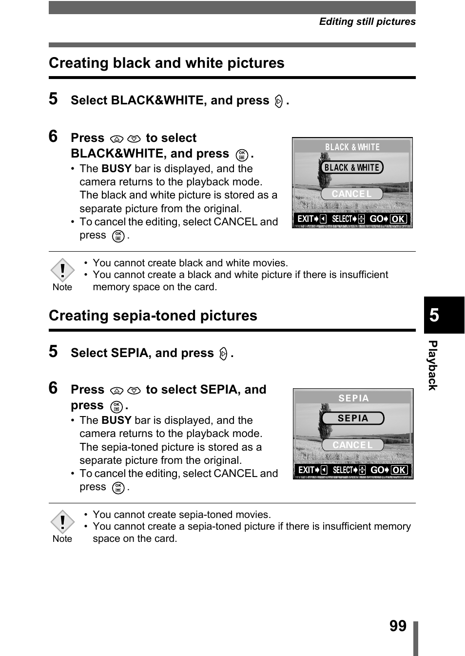 Creating black and white pictures, Creating sepia-toned pictures, P.99 | P.99) | Olympus C-360Zoom User Manual | Page 100 / 197