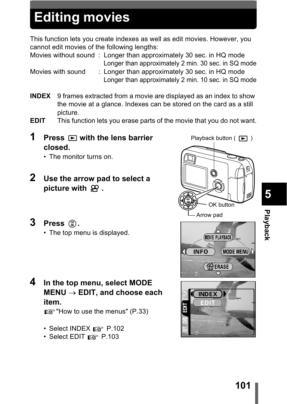 Editing movies, P.101) | Olympus C-360Zoom User Manual | Page 102 / 197
