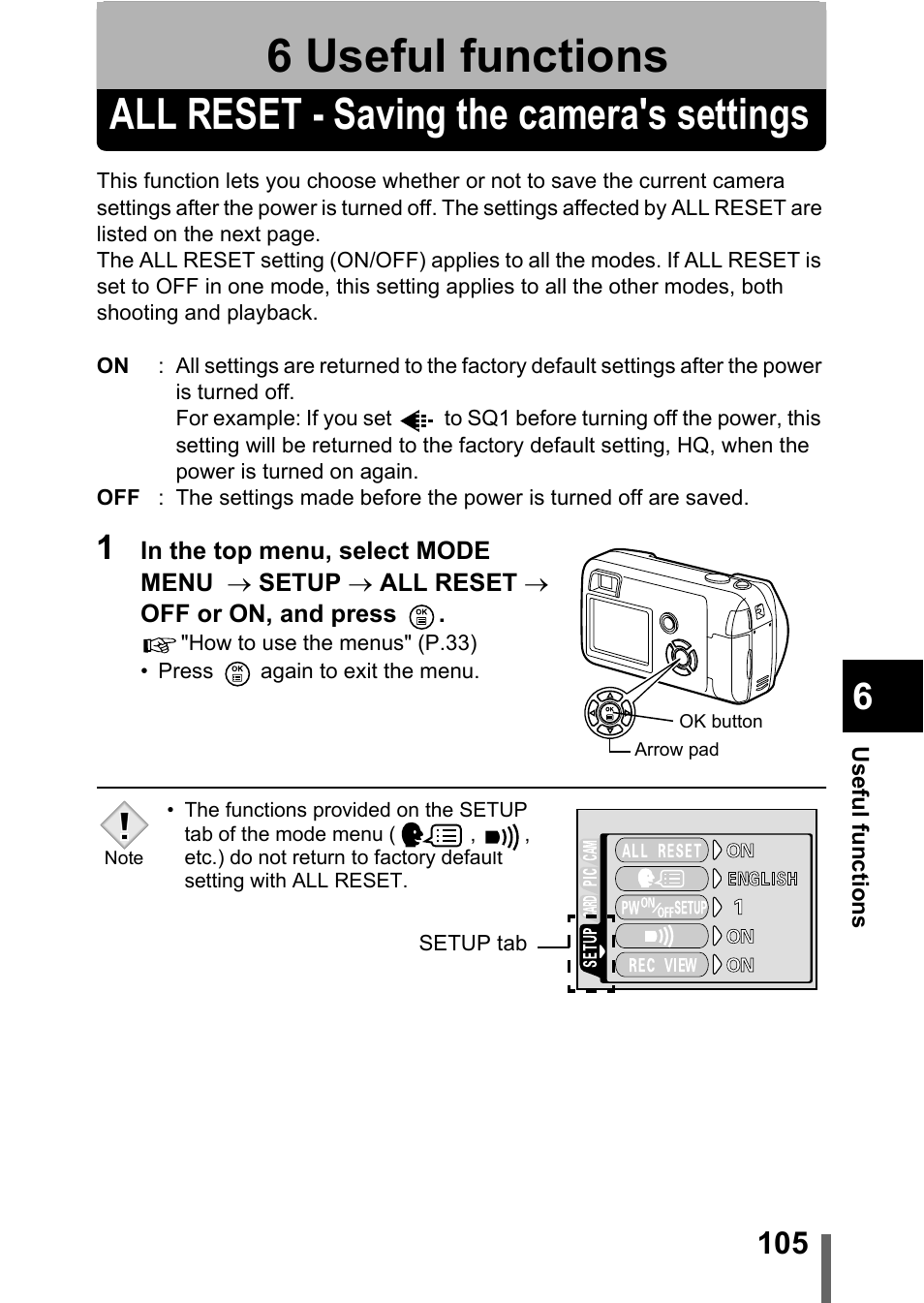 6 useful functions, All reset - saving the camera's settings, Useful functions | P.105 | Olympus C-360Zoom User Manual | Page 106 / 197