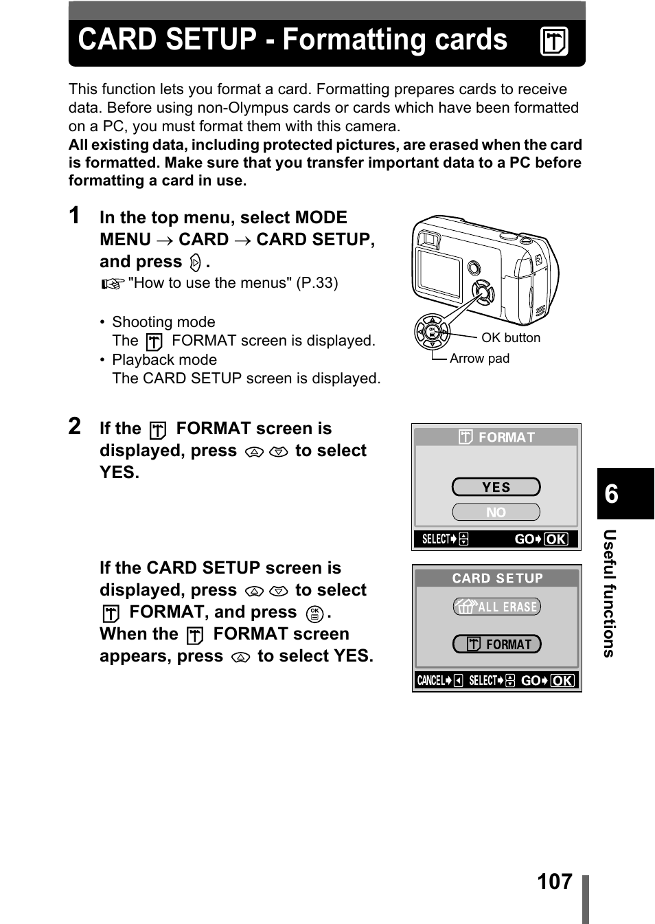 Card setup - formatting cards, P.107 | Olympus C-360Zoom User Manual | Page 108 / 197