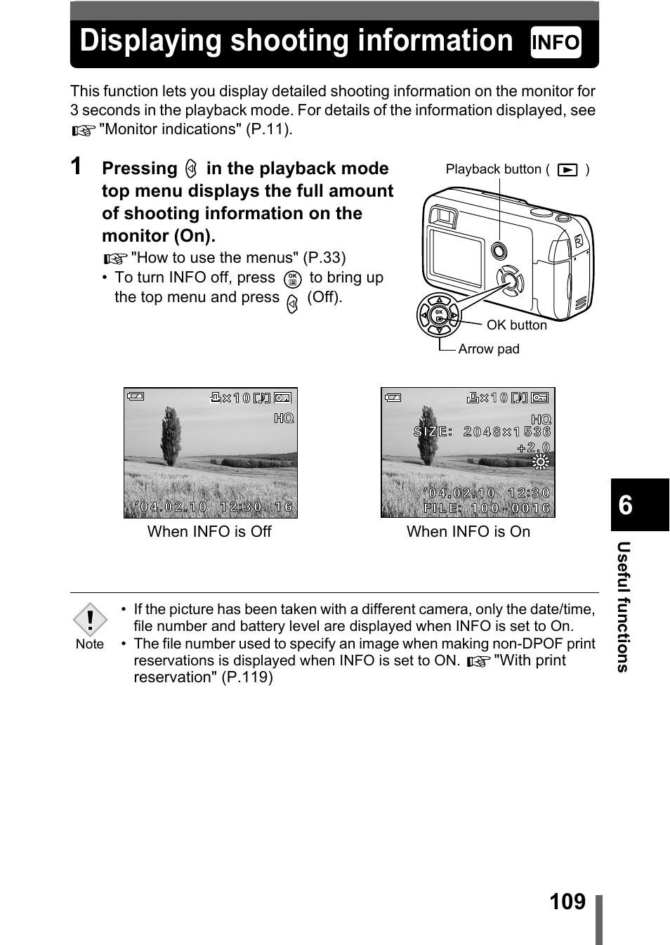 Displaying shooting information, Displaying shooting information" (p.109), P.109 | Olympus C-360Zoom User Manual | Page 110 / 197