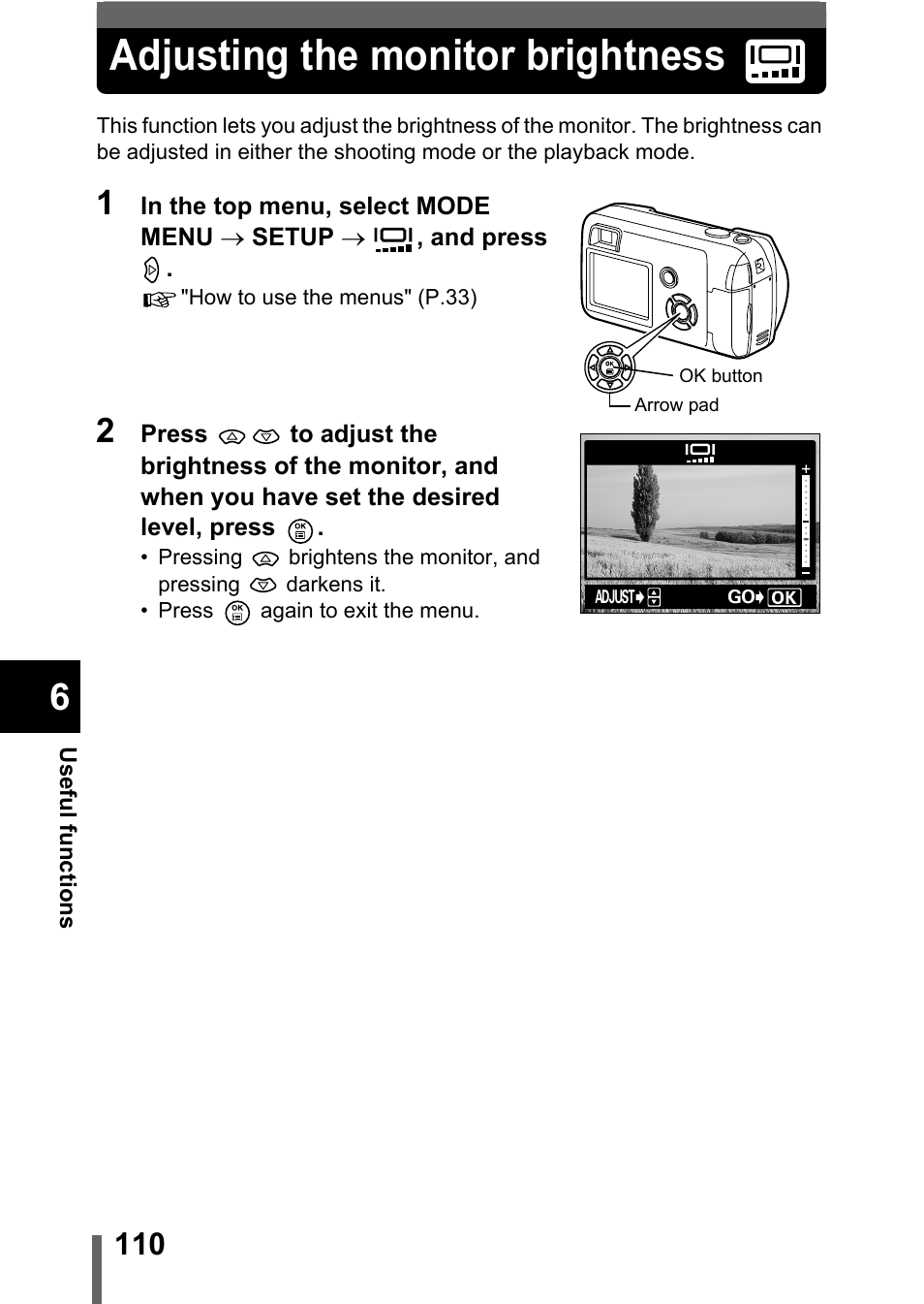 Adjusting the monitor brightness, P.110 | Olympus C-360Zoom User Manual | Page 111 / 197
