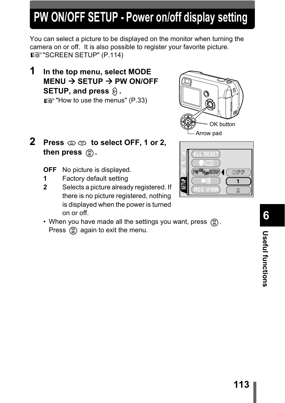 Pw on/off setup - power on/off display setting, P.113 | Olympus C-360Zoom User Manual | Page 114 / 197