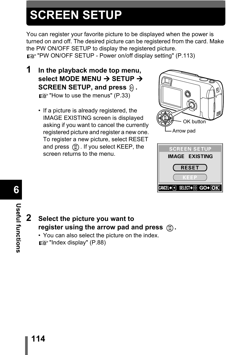 Screen setup, P.114 | Olympus C-360Zoom User Manual | Page 115 / 197