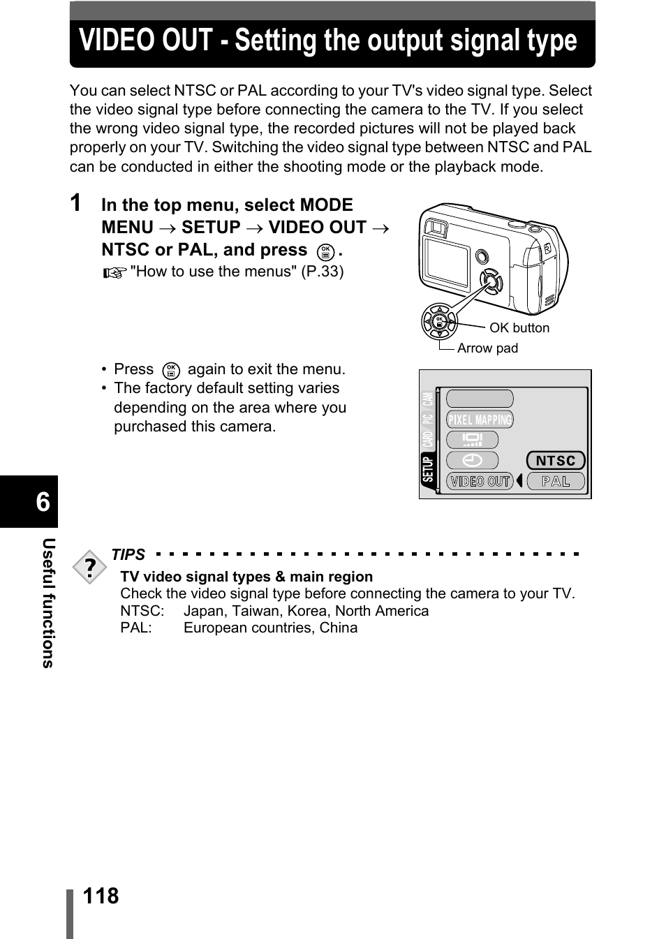 Video out - setting the output signal type, P.118 | Olympus C-360Zoom User Manual | Page 119 / 197