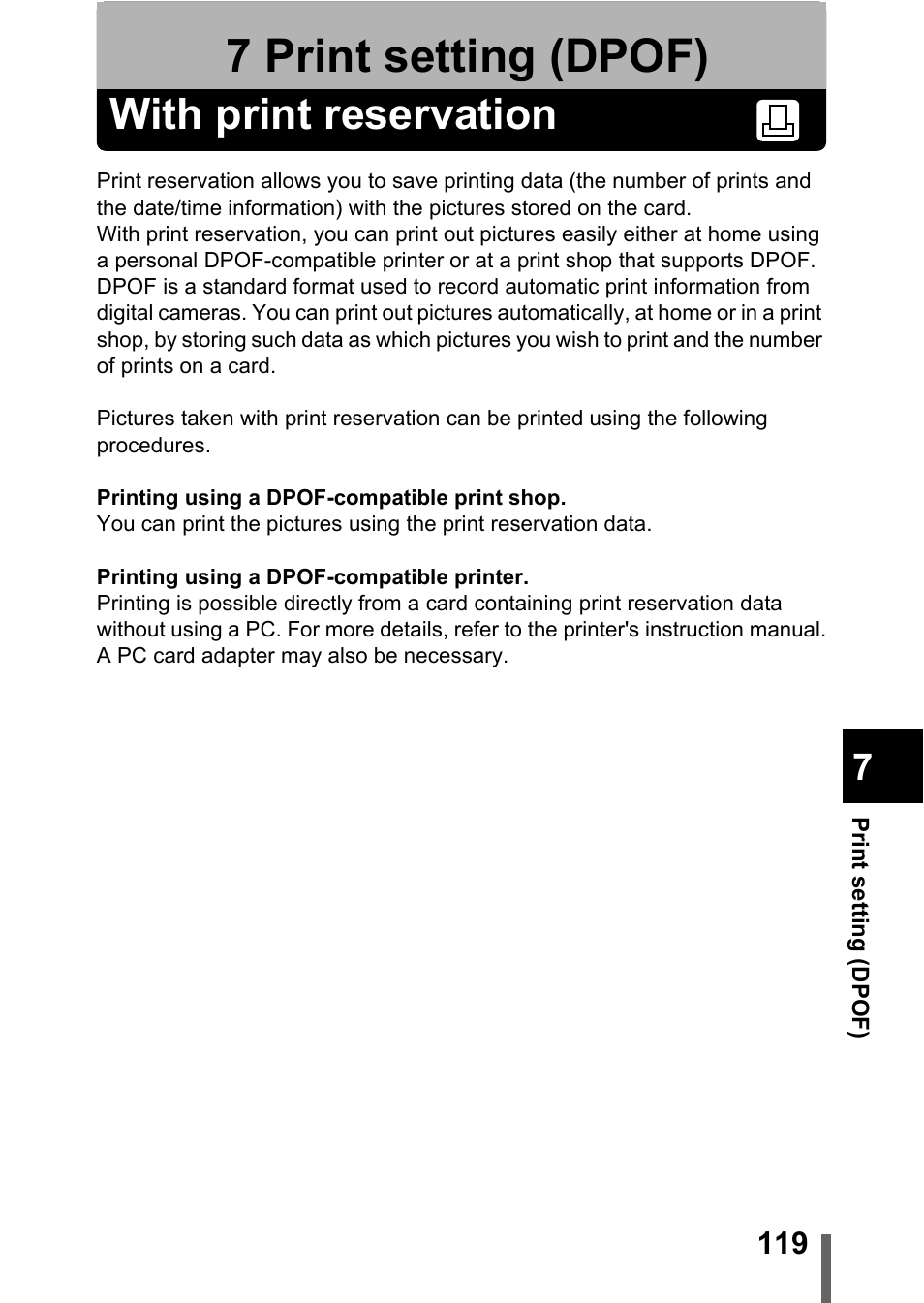 7 print setting (dpof), With print reservation, P.119 | Print setting (dpof), With print, Reservation" (p.119) | Olympus C-360Zoom User Manual | Page 120 / 197