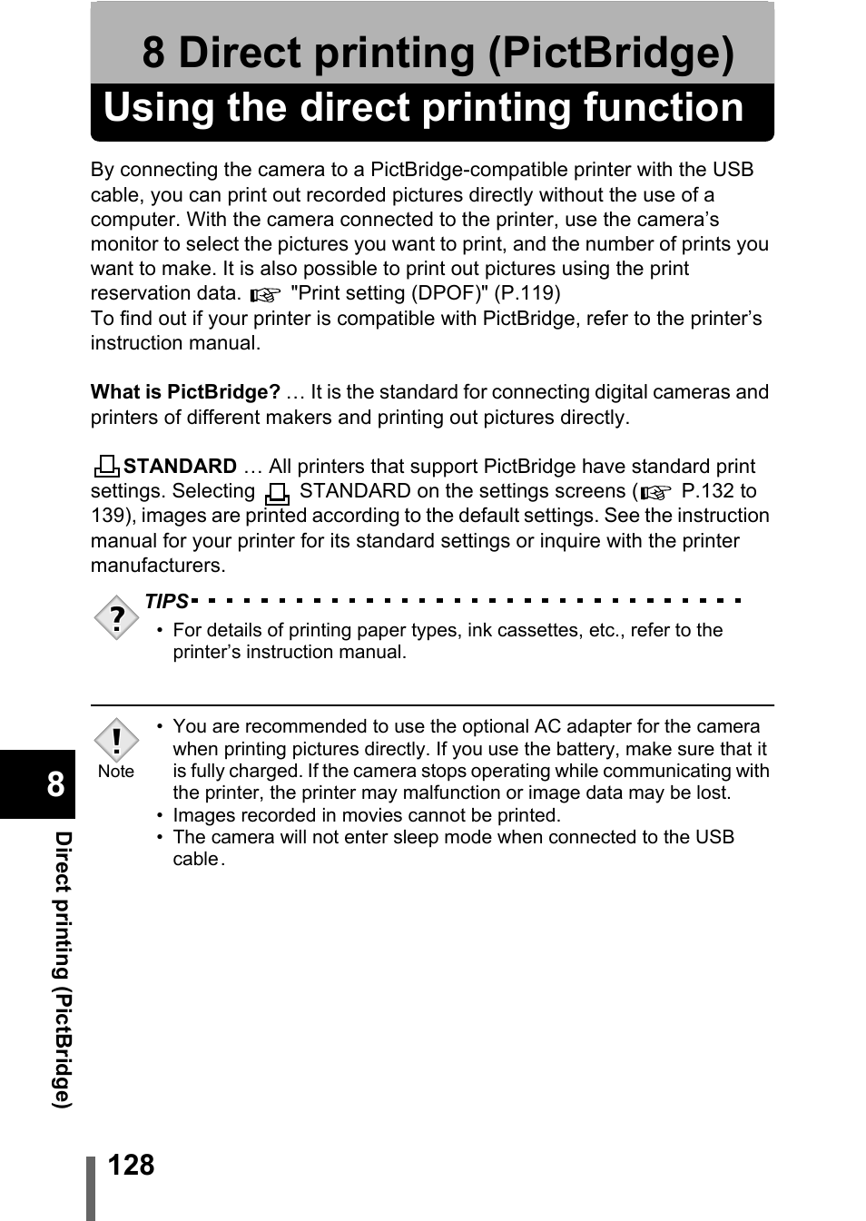 8 direct printing (pictbridge), Using the direct printing function, Direct printing (pictbridge) | P.128 | Olympus C-360Zoom User Manual | Page 129 / 197