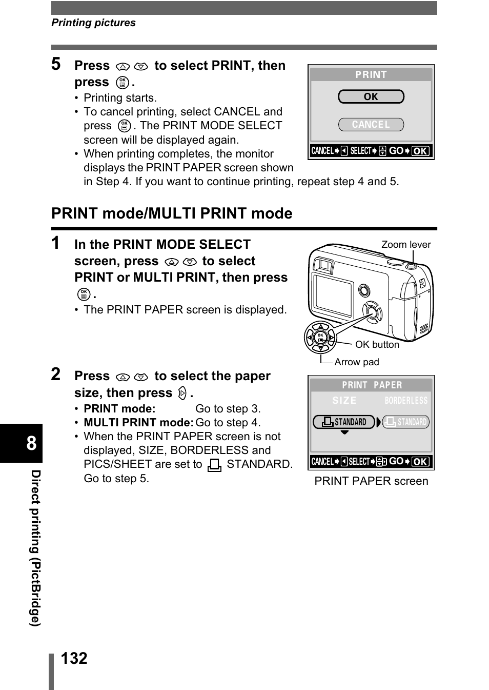 Print mode/multi print mode, Print mode/multi print mode" (p.132) | Olympus C-360Zoom User Manual | Page 133 / 197