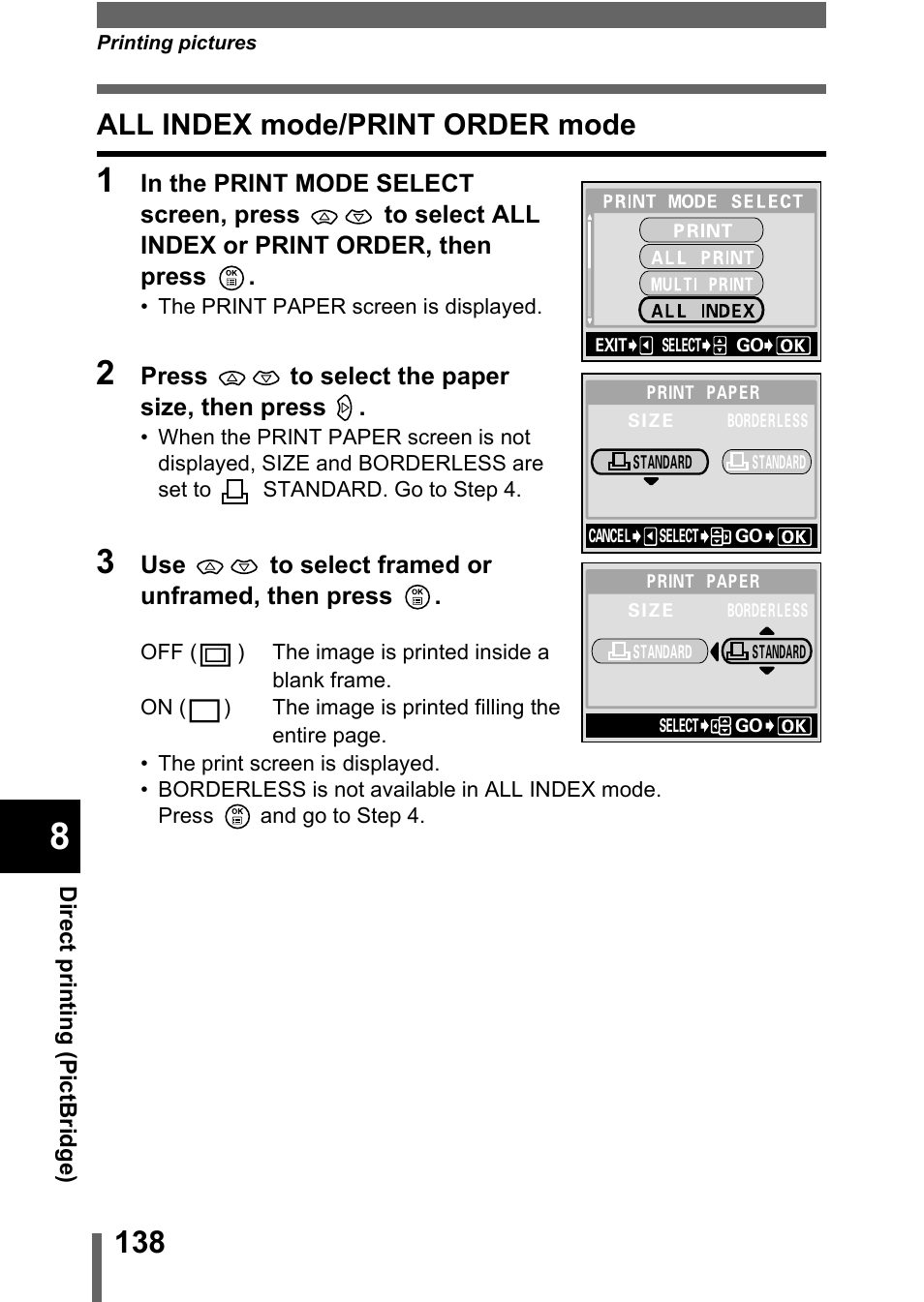 All index mode/print order mode, All index mode/print order mode" (p.138) | Olympus C-360Zoom User Manual | Page 139 / 197