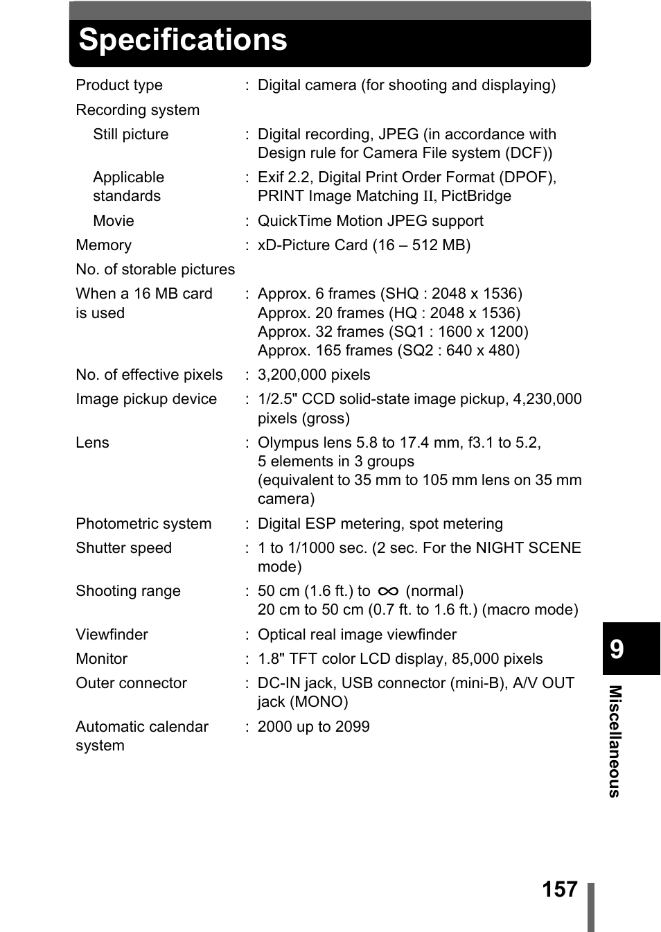 Specifications, P.157 | Olympus C-360Zoom User Manual | Page 158 / 197