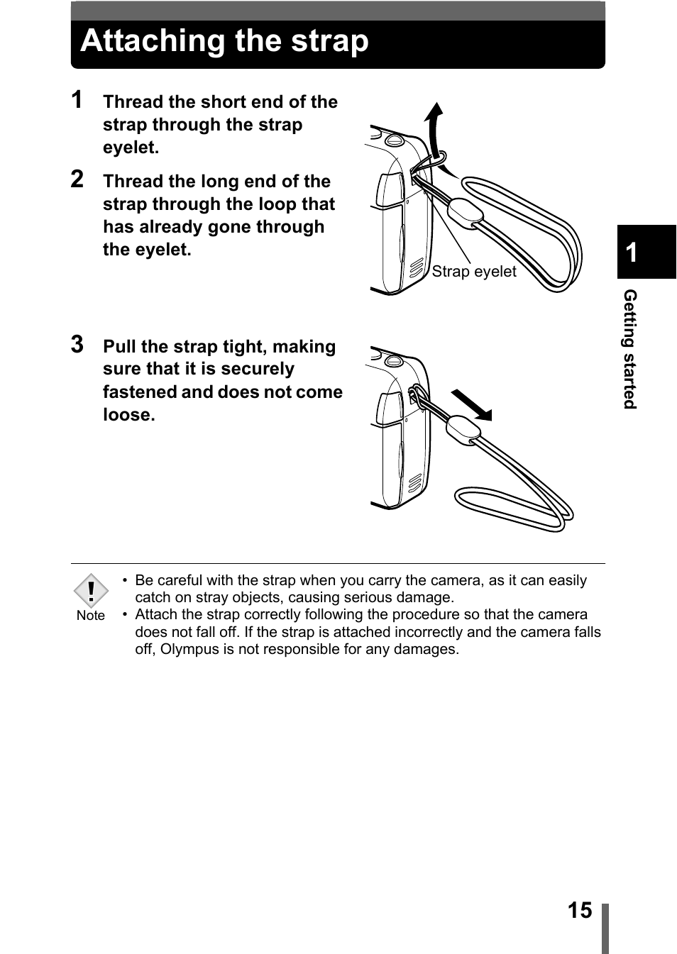 Attaching the strap, P.15 | Olympus C-360Zoom User Manual | Page 16 / 197