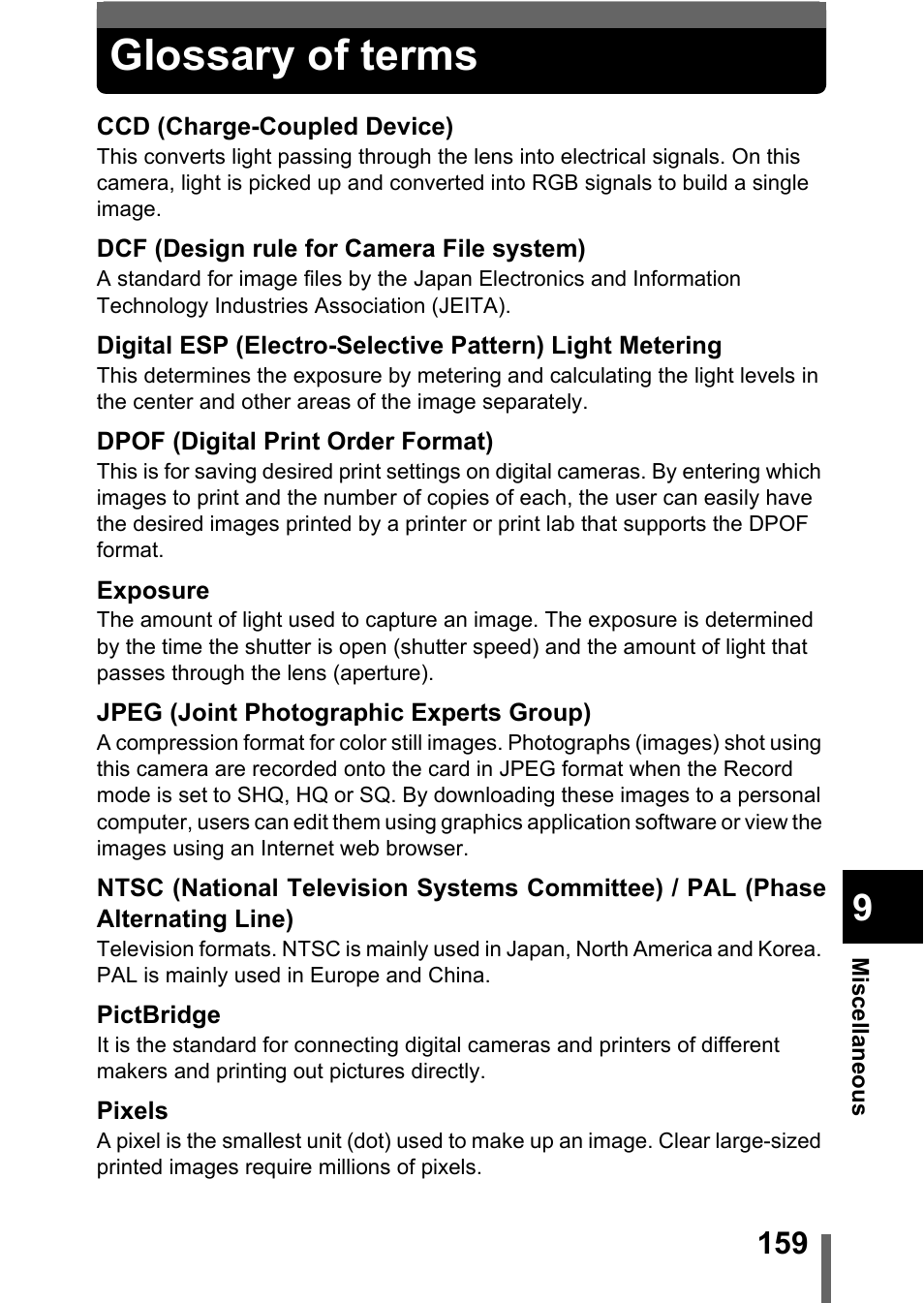 Glossary of terms, P.159 | Olympus C-360Zoom User Manual | Page 160 / 197