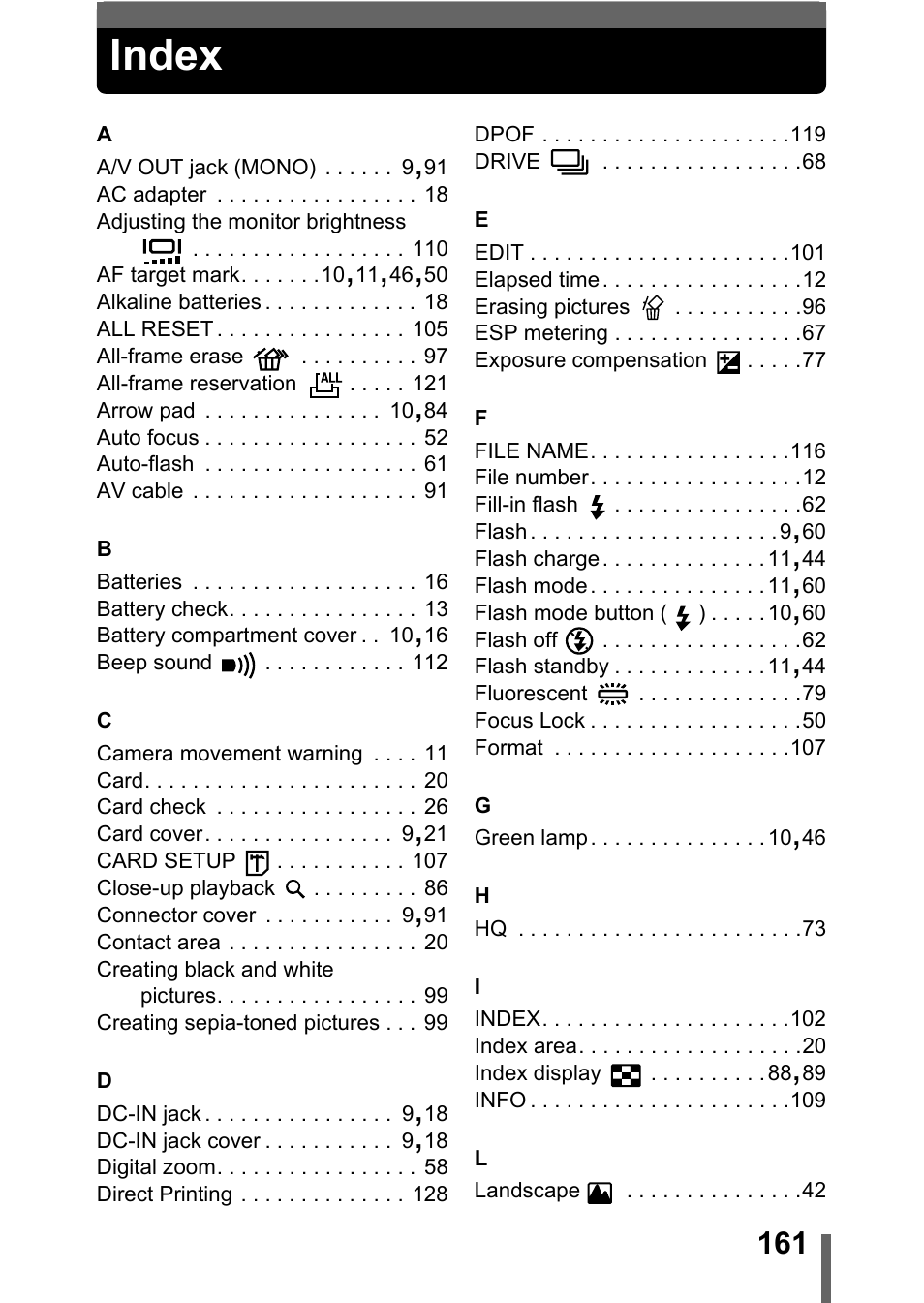 Index, P.161 | Olympus C-360Zoom User Manual | Page 162 / 197