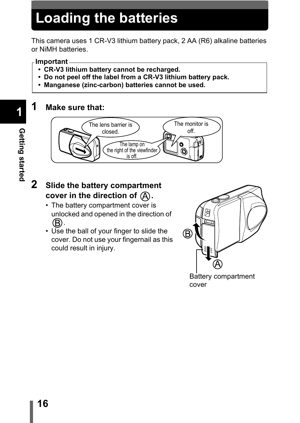 Loading the batteries, P.16 | Olympus C-360Zoom User Manual | Page 17 / 197