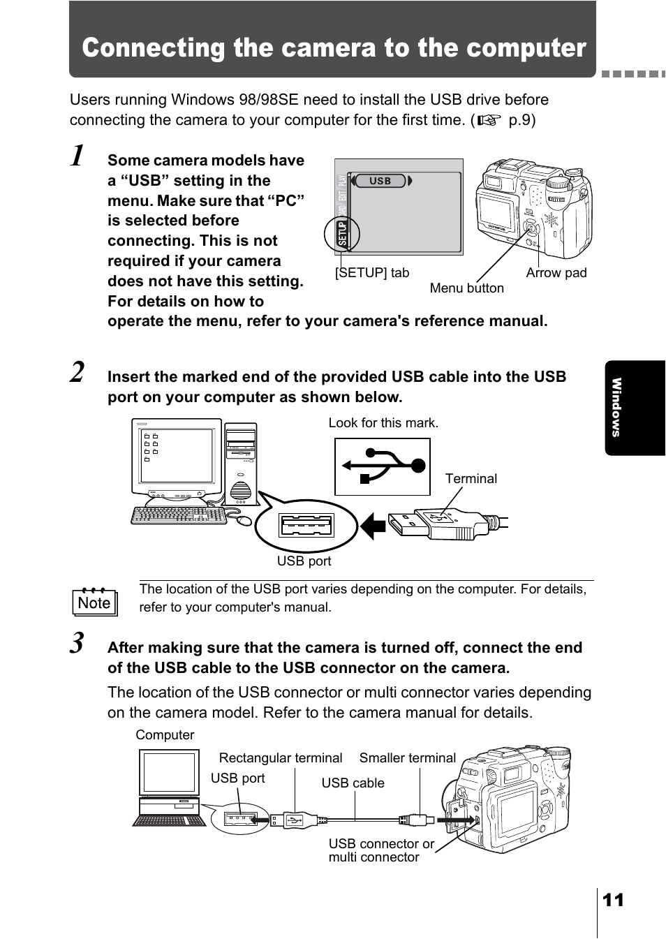 Connecting the camera to the computer, Ndows p.11, P.11 | Olympus C-360Zoom User Manual | Page 176 / 197