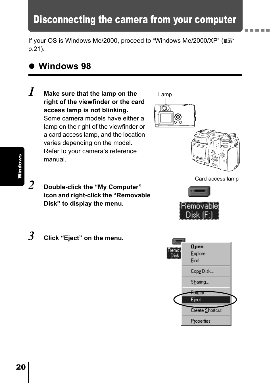 Disconnecting the camera from your computer, Windows 98, Ws p.20 | Olympus C-360Zoom User Manual | Page 185 / 197