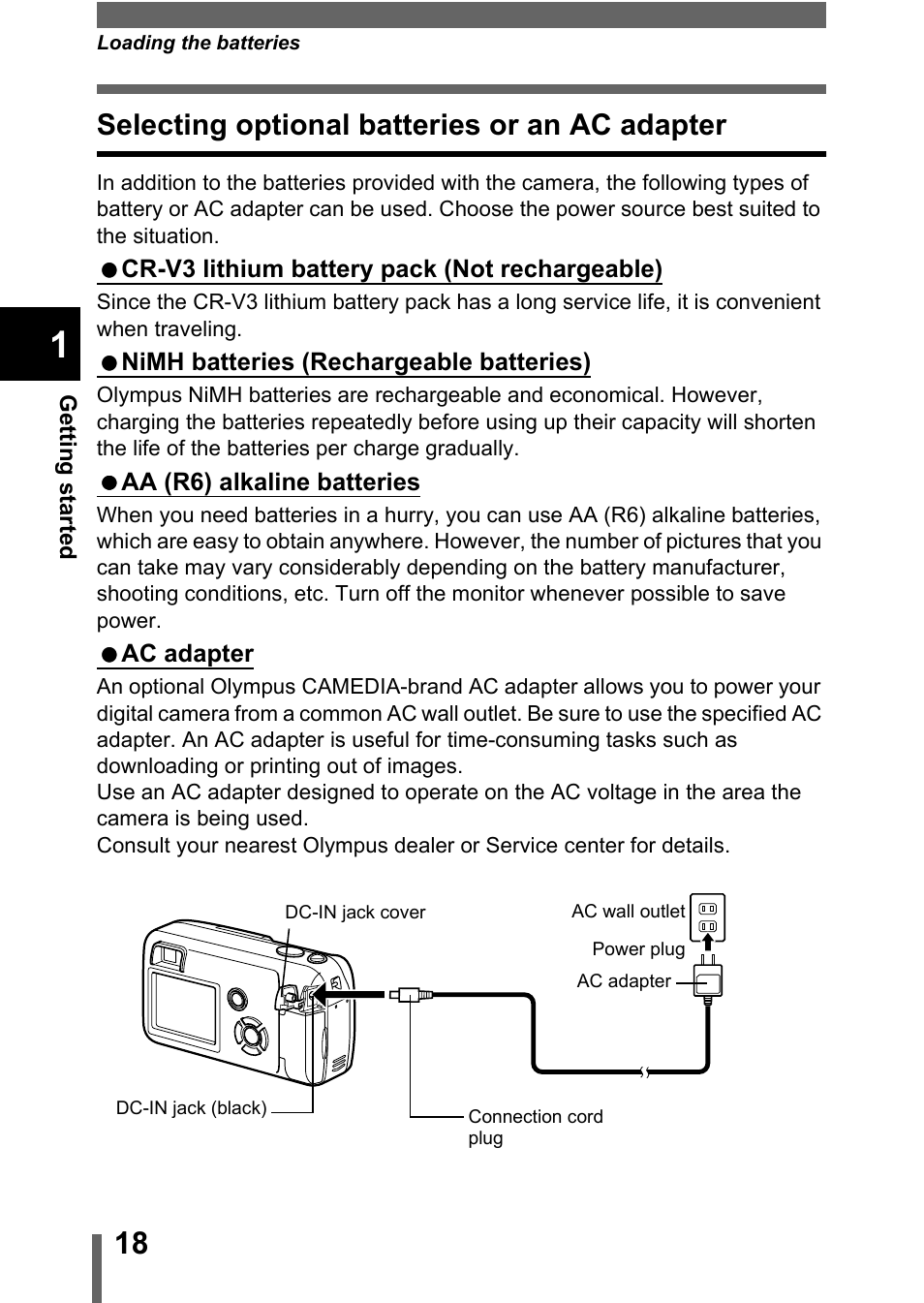 Selecting optional batteries or an ac adapter, P.18 | Olympus C-360Zoom User Manual | Page 19 / 197