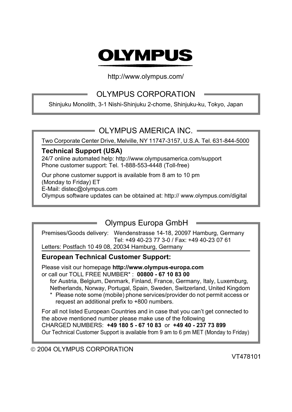 Olympus corporation, Olympus america inc, Olympus europa gmbh | Olympus C-360Zoom User Manual | Page 197 / 197