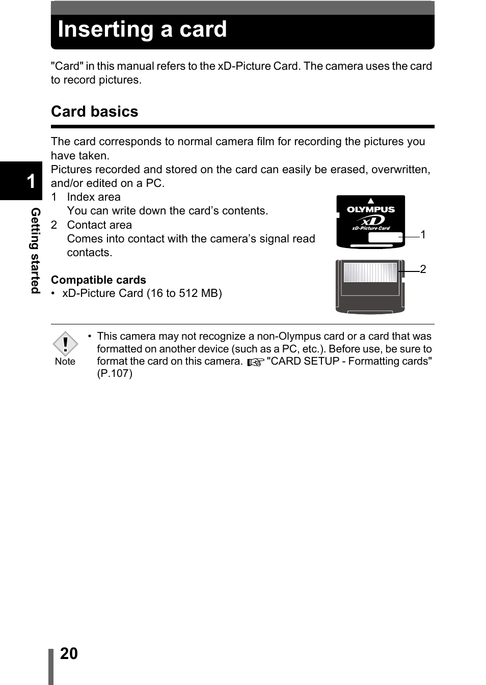 Inserting a card, Card basics | Olympus C-360Zoom User Manual | Page 21 / 197