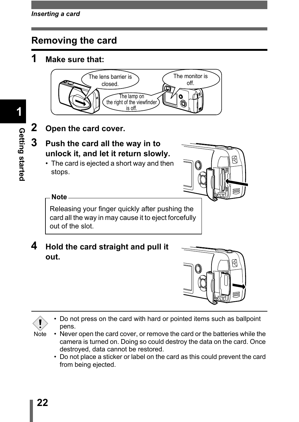 Removing the card | Olympus C-360Zoom User Manual | Page 23 / 197