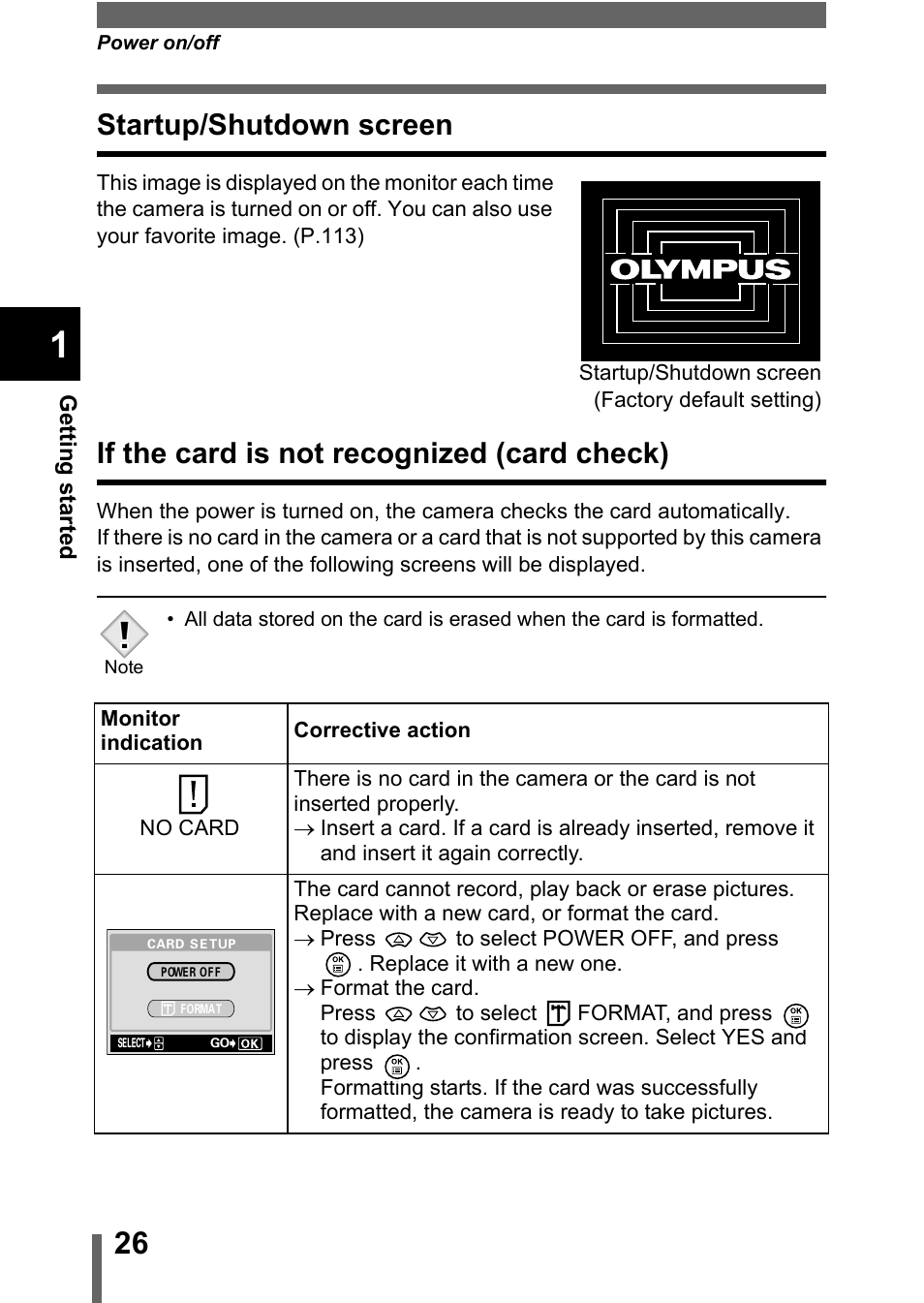 Startup/shutdown screen, If the card is not recognized (card check) | Olympus C-360Zoom User Manual | Page 27 / 197
