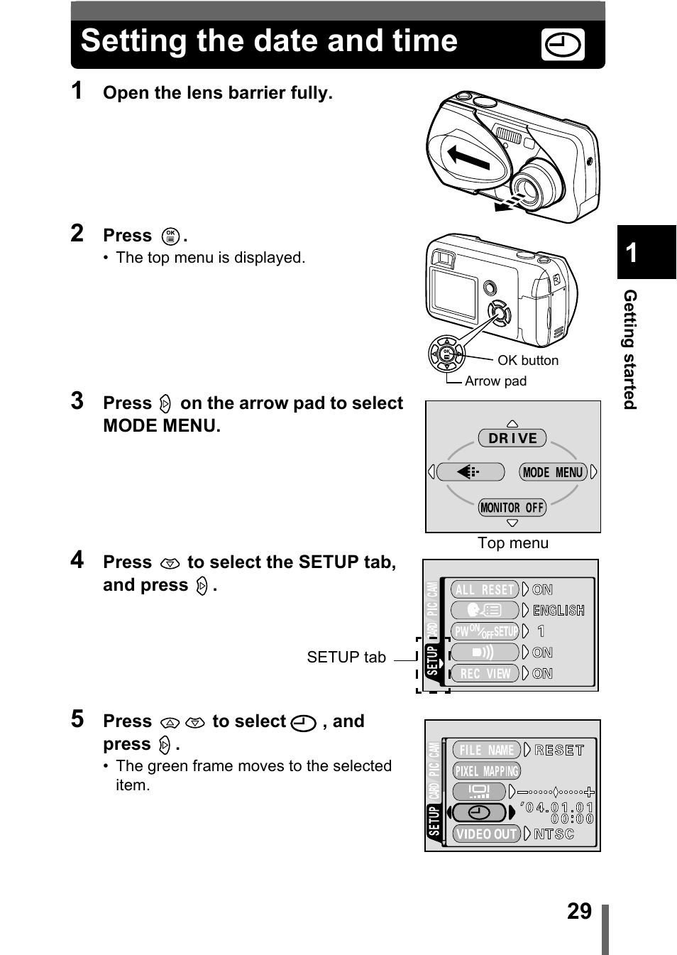 Setting the date and time, P.29 | Olympus C-360Zoom User Manual | Page 30 / 197