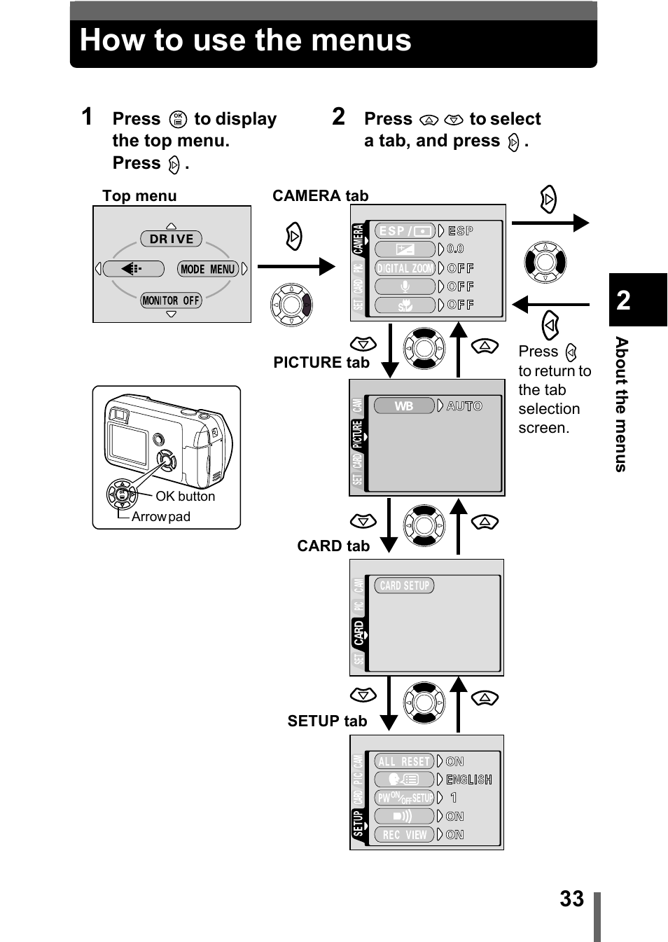 How to use the menus | Olympus C-360Zoom User Manual | Page 34 / 197