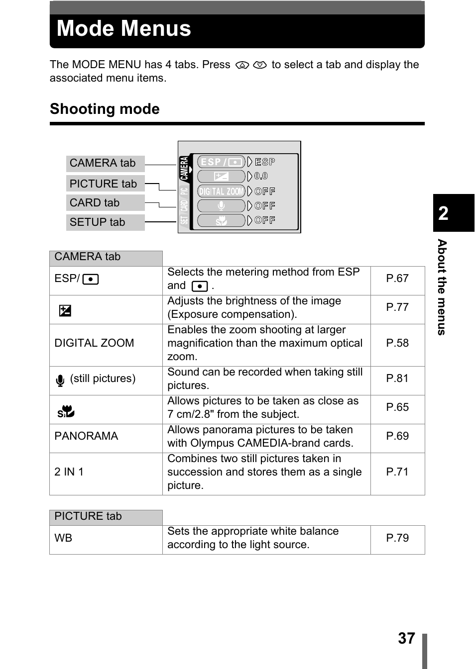 Mode menus, Shooting mode | Olympus C-360Zoom User Manual | Page 38 / 197