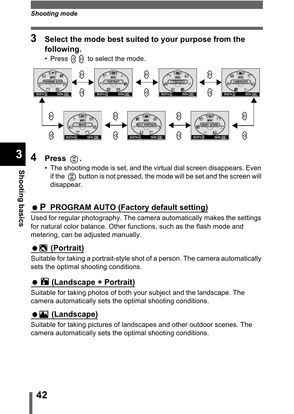 Press, Program auto (factory default setting), Portrait) | Landscape + portrait), Landscape), Shoo ting b asic s | Olympus C-360Zoom User Manual | Page 43 / 197