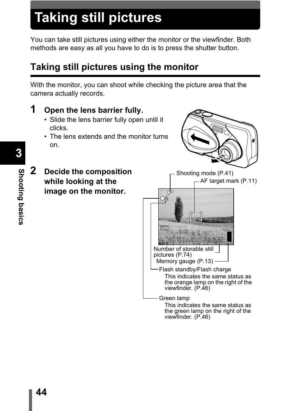 Taking still pictures, Taking still pictures using the monitor, P.44 | Olympus C-360Zoom User Manual | Page 45 / 197