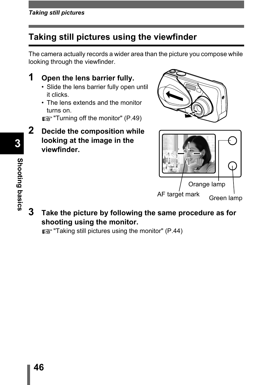Taking still pictures using the viewfinder, P.46, P.46) | Olympus C-360Zoom User Manual | Page 47 / 197