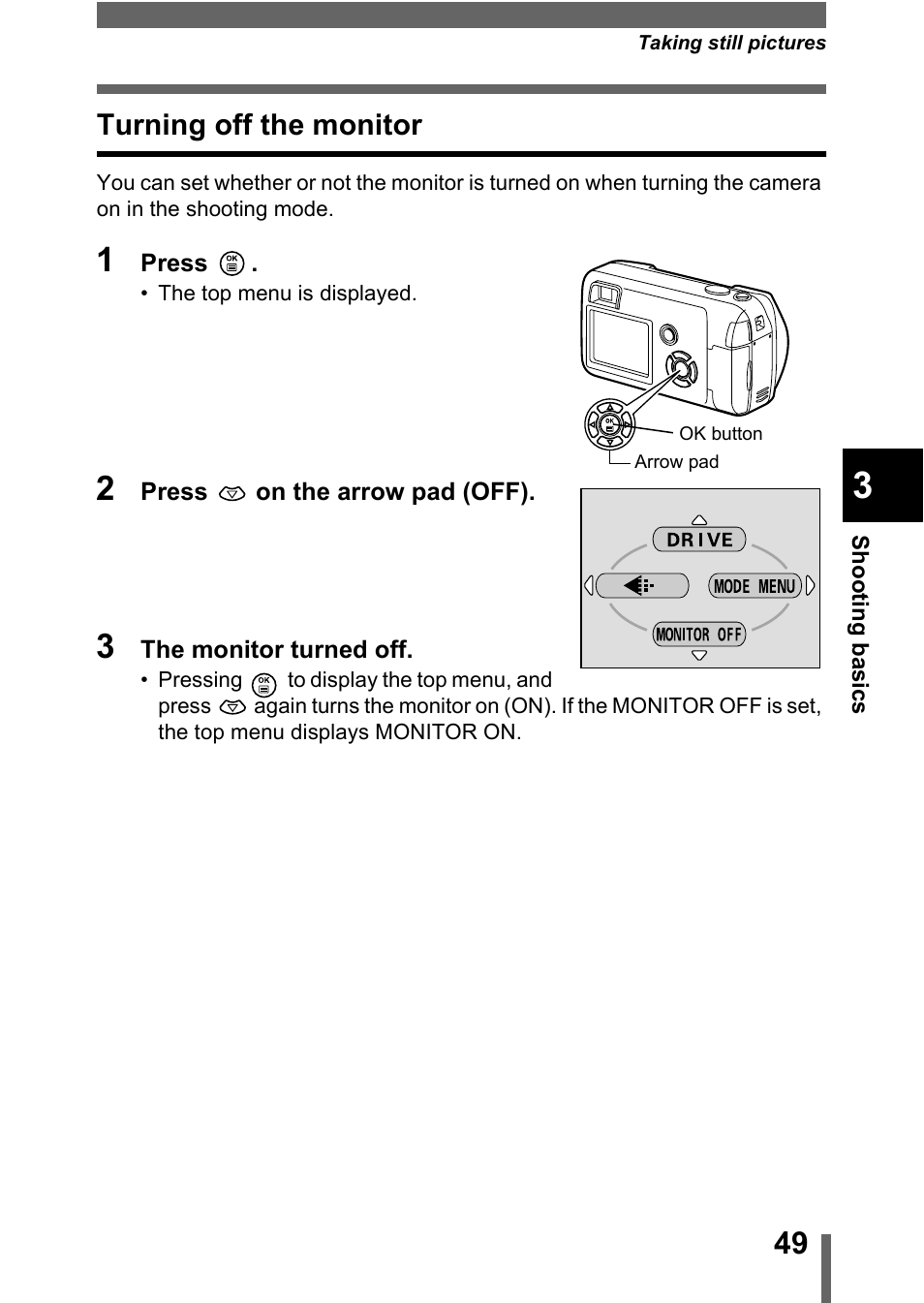 Turning off the monitor, P.49 | Olympus C-360Zoom User Manual | Page 50 / 197