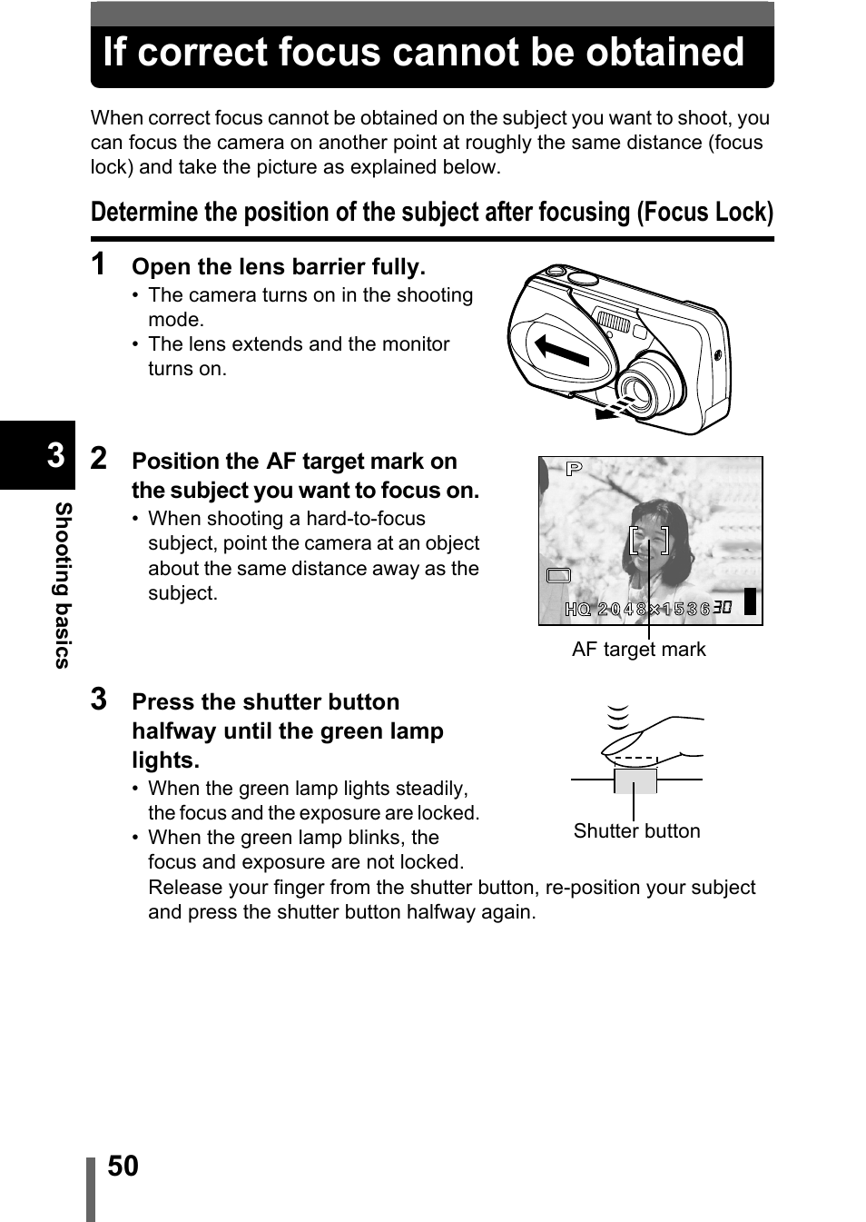 If correct focus cannot be obtained, Focus lock), If correct focus cannot be obtained" (p.50) | Olympus C-360Zoom User Manual | Page 51 / 197