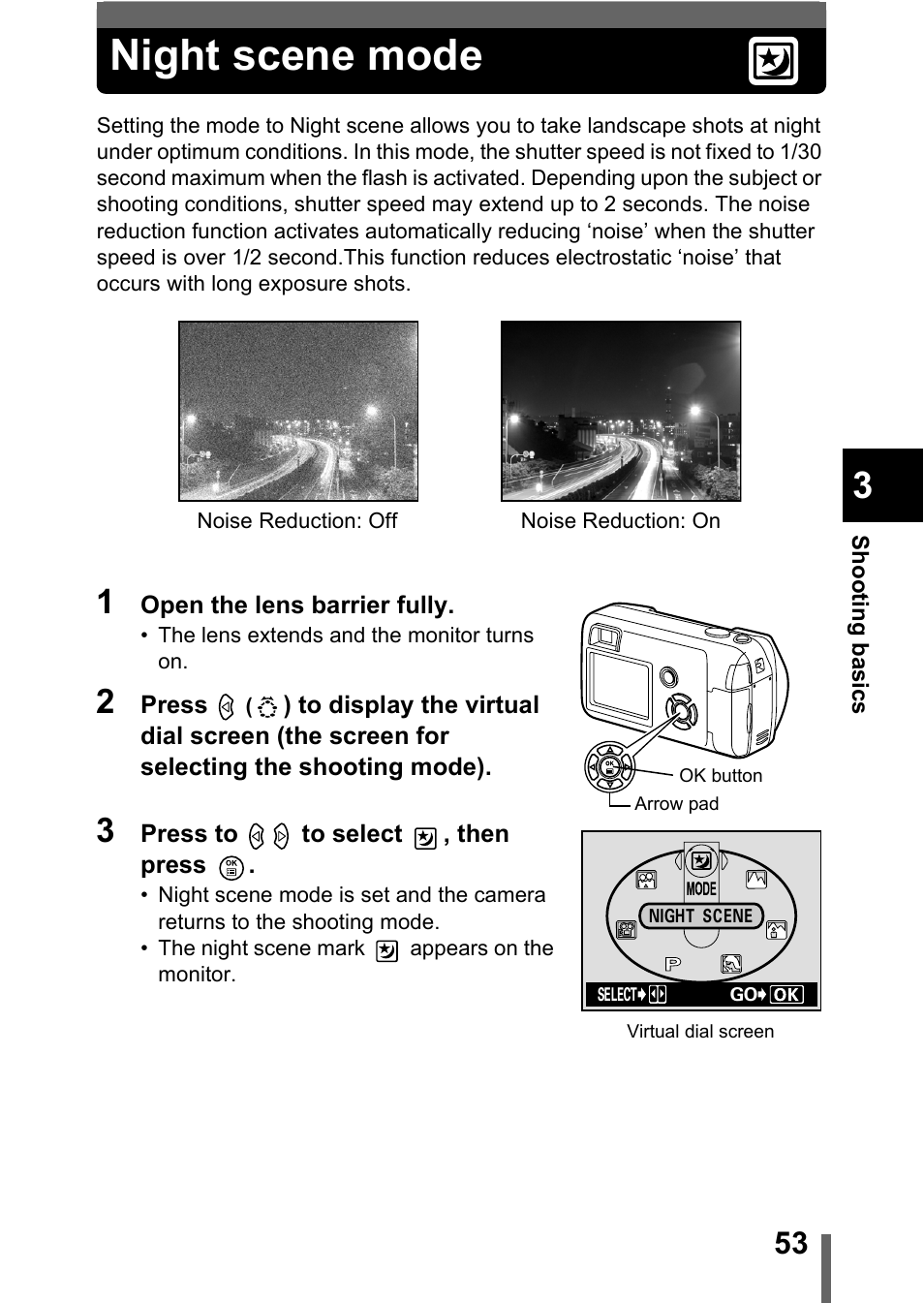 Night scene mode, Night scene mode" (p.53) | Olympus C-360Zoom User Manual | Page 54 / 197