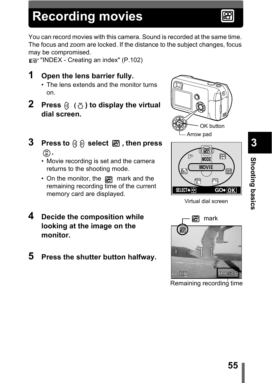 Recording movies, P.55, Recording movies" (p.55) | Olympus C-360Zoom User Manual | Page 56 / 197