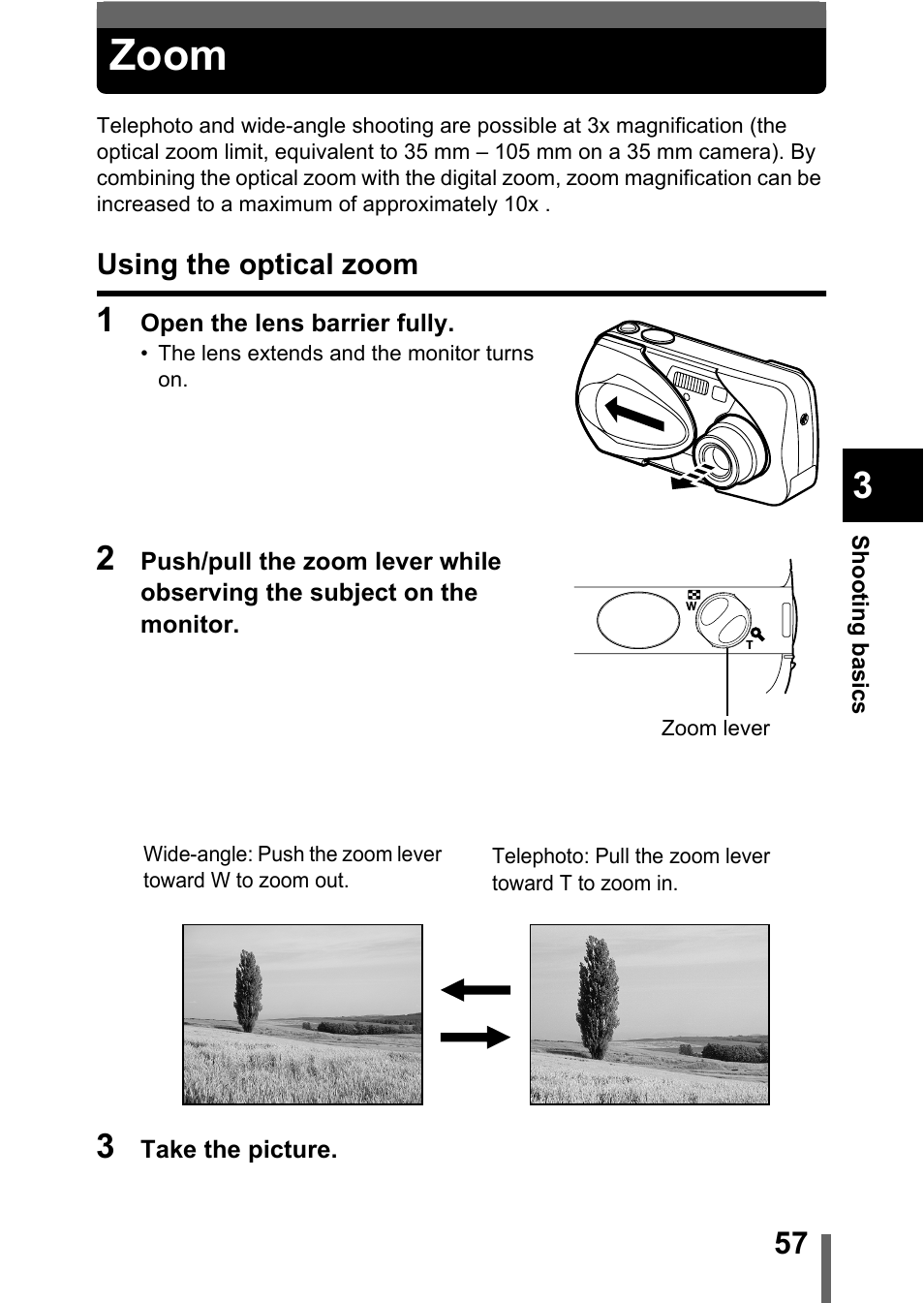 Zoom, Using the optical zoom, P.57 | Olympus C-360Zoom User Manual | Page 58 / 197