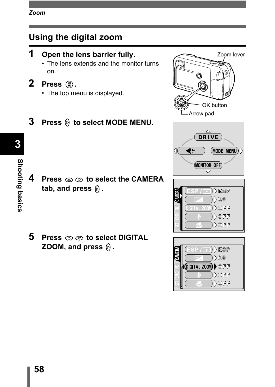 Using the digital zoom, P.58, Using the digital zoom" (p.58) | Olympus C-360Zoom User Manual | Page 59 / 197