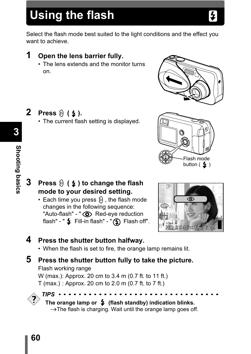 Using the flash, P.60 | Olympus C-360Zoom User Manual | Page 61 / 197