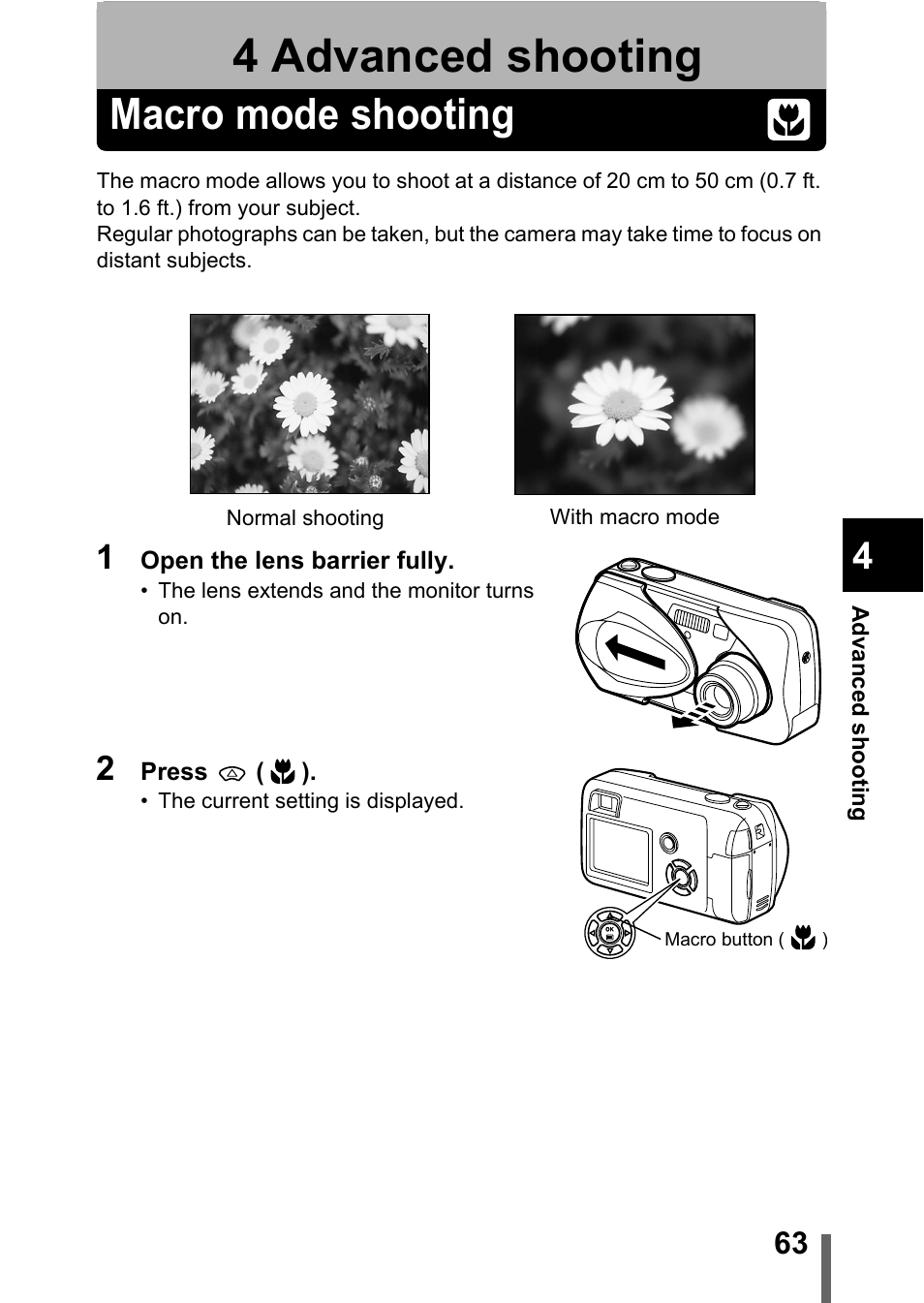 4 advanced shooting, Macro mode shooting, Advanced shooting | P.63 | Olympus C-360Zoom User Manual | Page 64 / 197