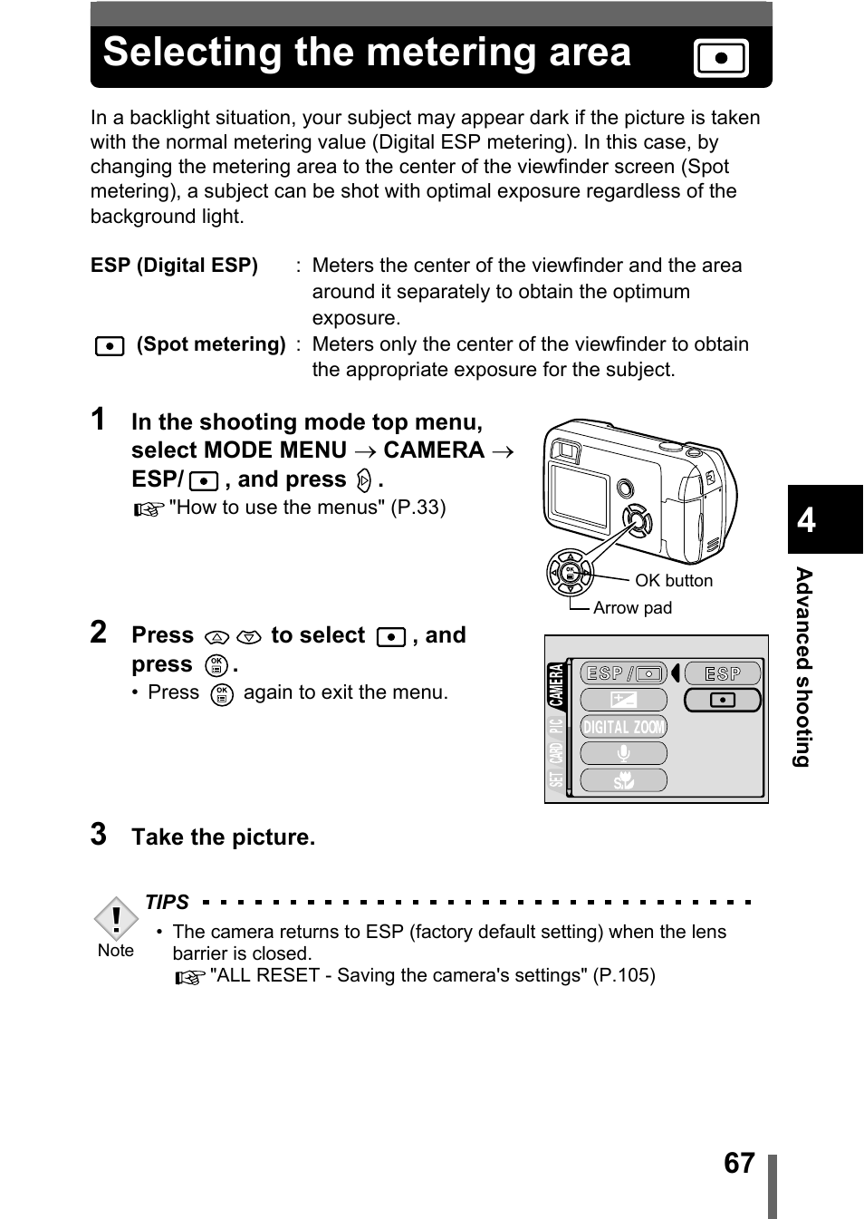 Selecting the metering area, P.67 | Olympus C-360Zoom User Manual | Page 68 / 197