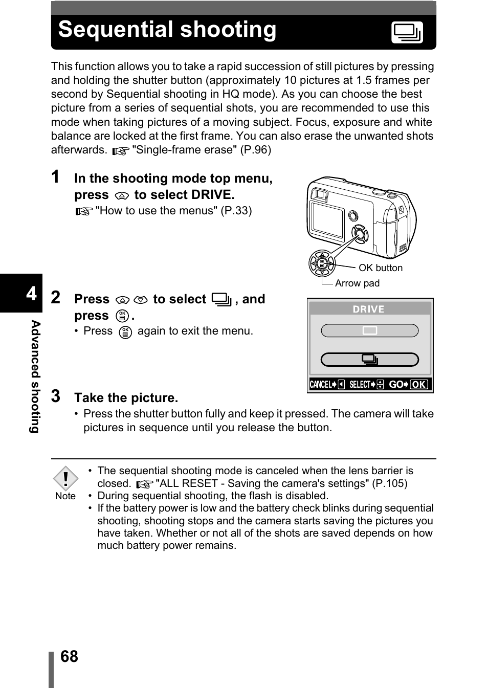 Sequential shooting, P.68 | Olympus C-360Zoom User Manual | Page 69 / 197