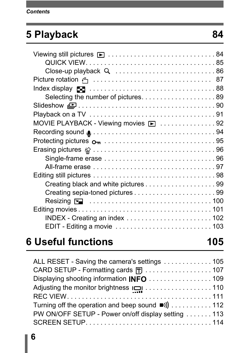 5 playback 84, 6 useful functions 105 | Olympus C-360Zoom User Manual | Page 7 / 197