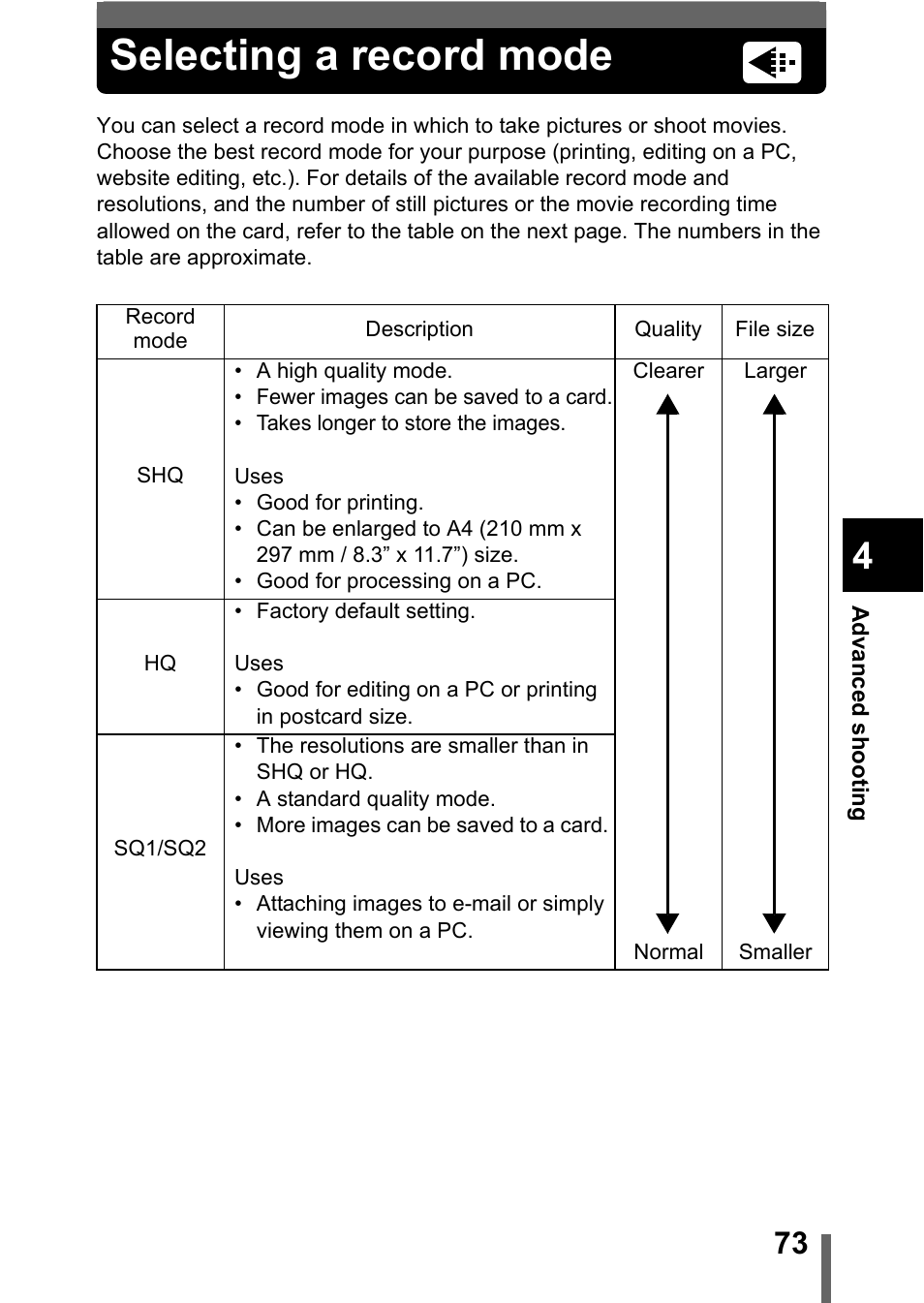 Selecting a record mode, P.73 | Olympus C-360Zoom User Manual | Page 74 / 197