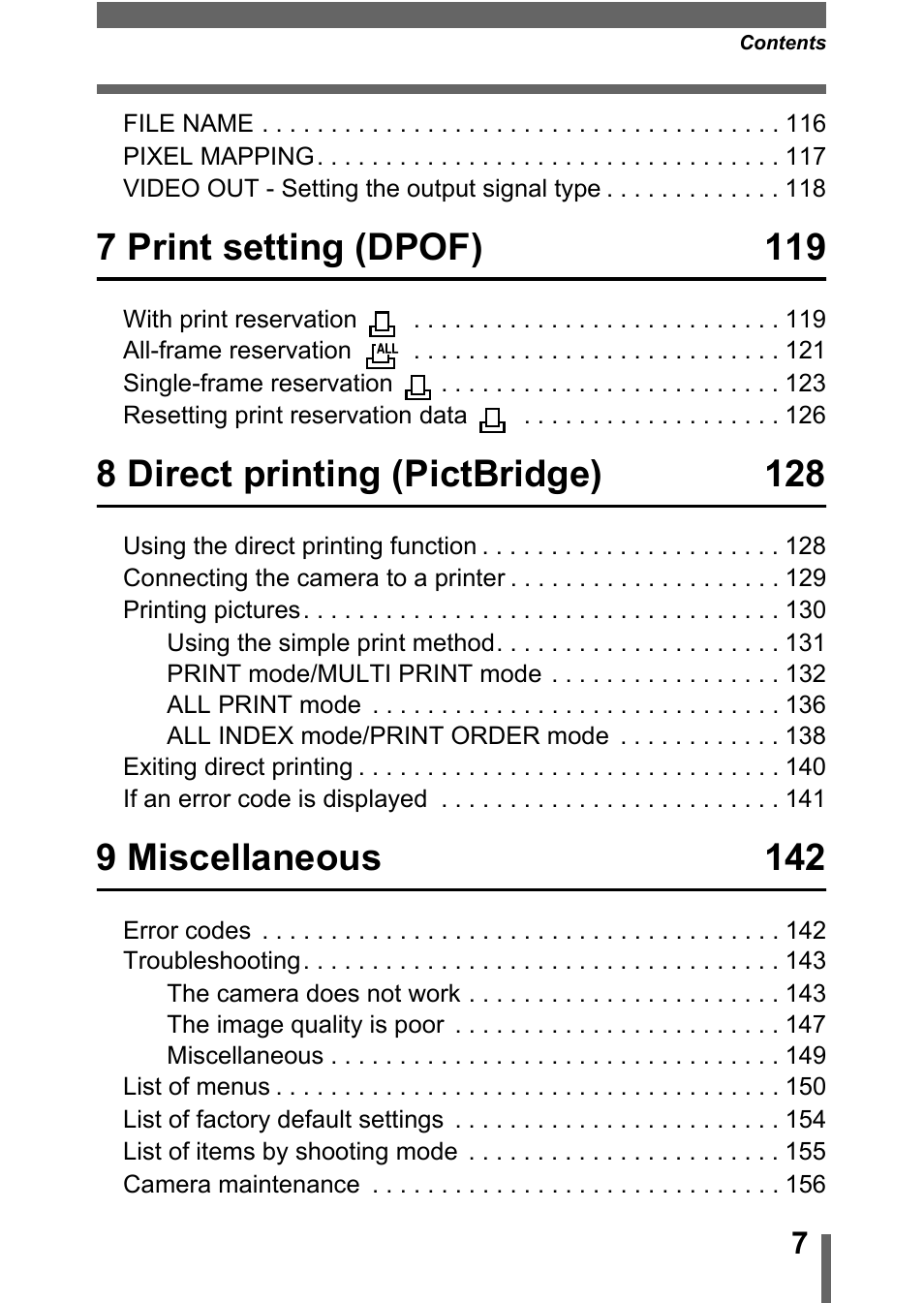 7 print setting (dpof) 119, 8 direct printing (pictbridge) 128, 9 miscellaneous 142 | Olympus C-360Zoom User Manual | Page 8 / 197