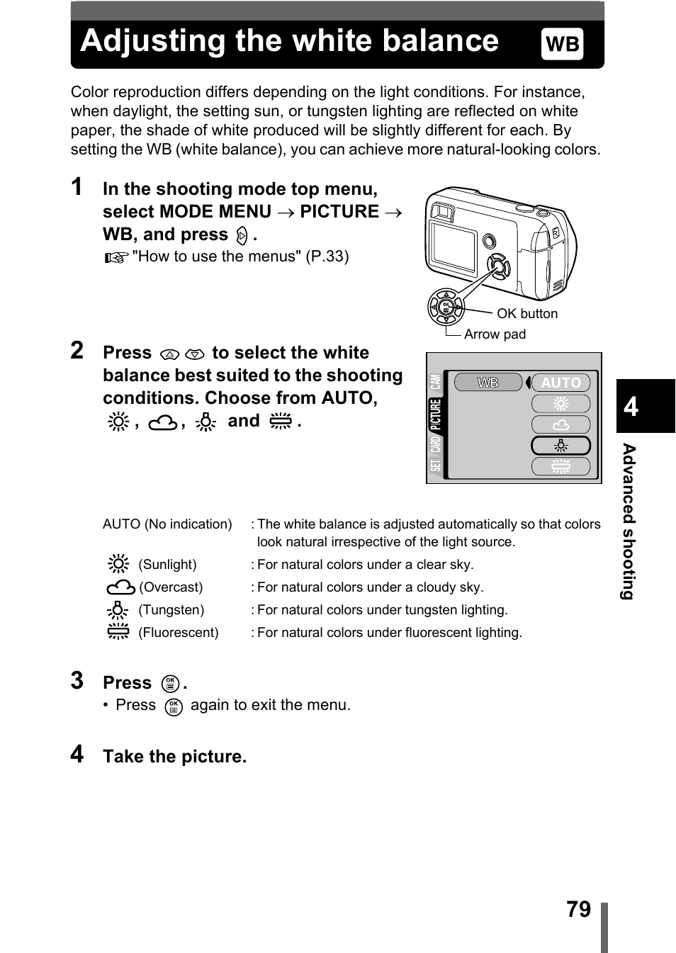Adjusting the white balance, P.79 | Olympus C-360Zoom User Manual | Page 80 / 197